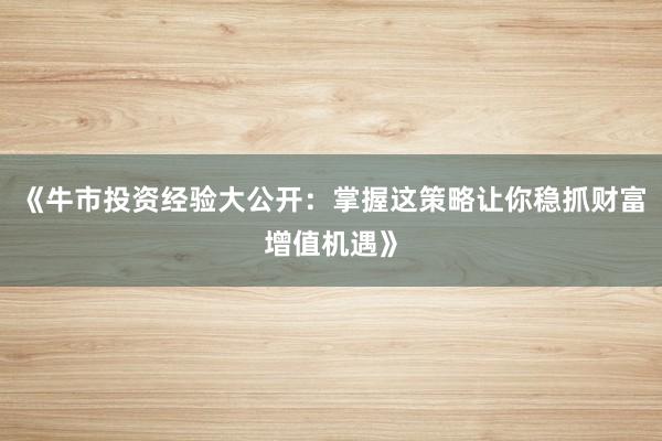 《牛市投资经验大公开：掌握这策略让你稳抓财富增值机遇》